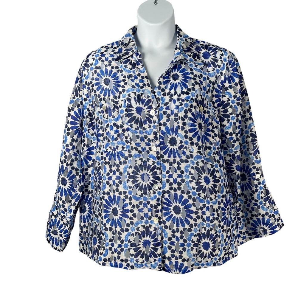 Ruby Road Blouse 18W Blue Floral Sheer Lightweight Roll Tab Sleeves Linen Blend